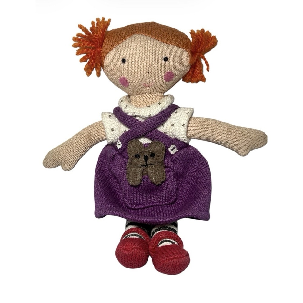 The Land of Nod Doll Girl Plush Knit Skirt Dog In Pocket Yarn Hair 10" Purple